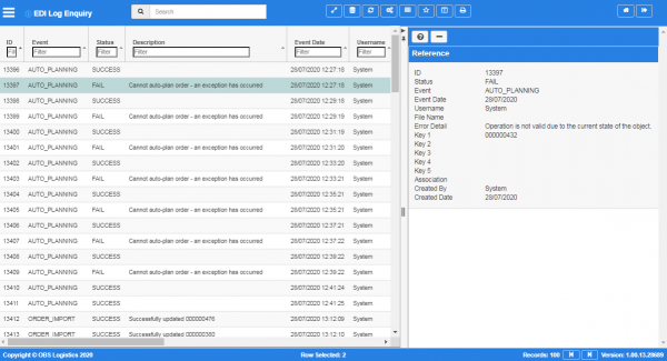 EDI log enquiry screen