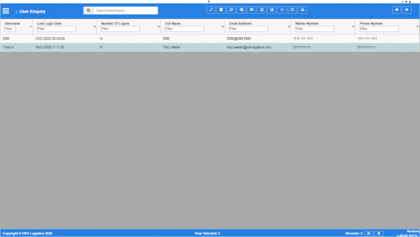 User enquiry screen