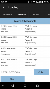 Containers Tab, showing single and consolidated containers