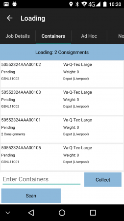 Containers Tab, showing single and consolidated containers