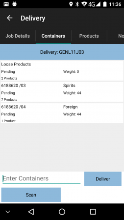 Containers list, showing loose products