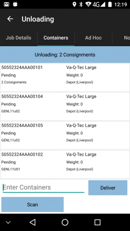 Containers Tab, showing single and consolidated containers