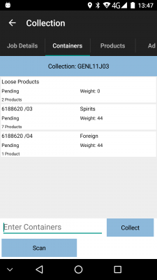 Containers list, showing loose products