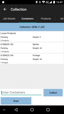 Containers list, showing loose products