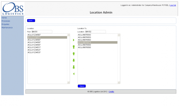 Location Maintenance Screen