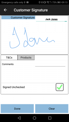 Customer signature with configurable T&Cs.
