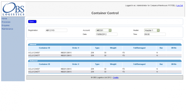 Container Control Screen