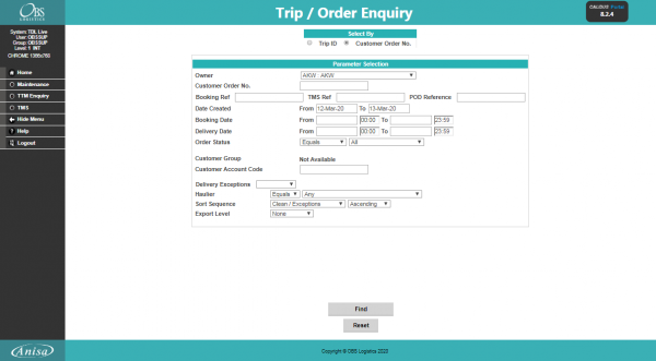 Order Enquiry Parameters.