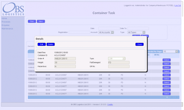 Containers Screen - Details Popup
