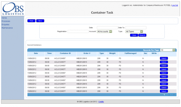 Containers Screen
