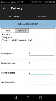 Pallet information, with entered data.