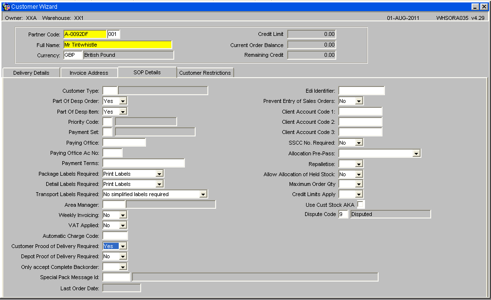 Customer Maintenance / SOP Details / POD Required Flag