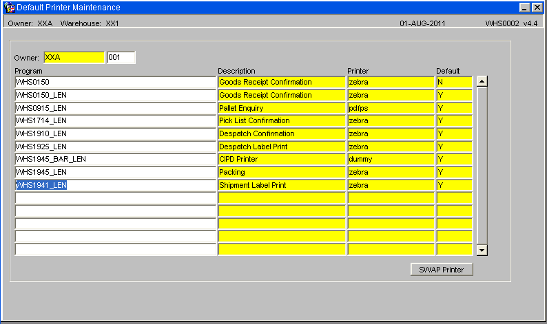 Default Printer Maintenance Screen