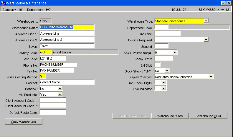 Warehouse Address Details