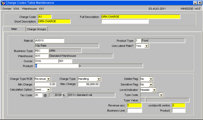 Charge Code Table