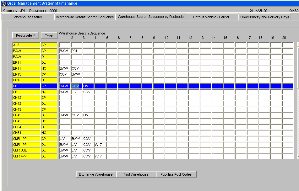 OMS Maintenance - Warehouse Search Sequence