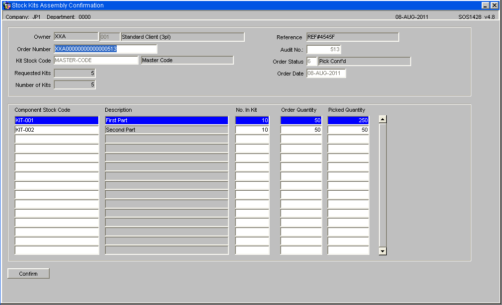 Stock Kits Assembly Confirmation Screen