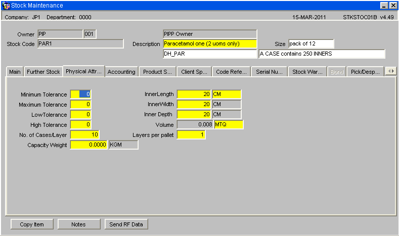 Stock Maintenance - Physical Attributes