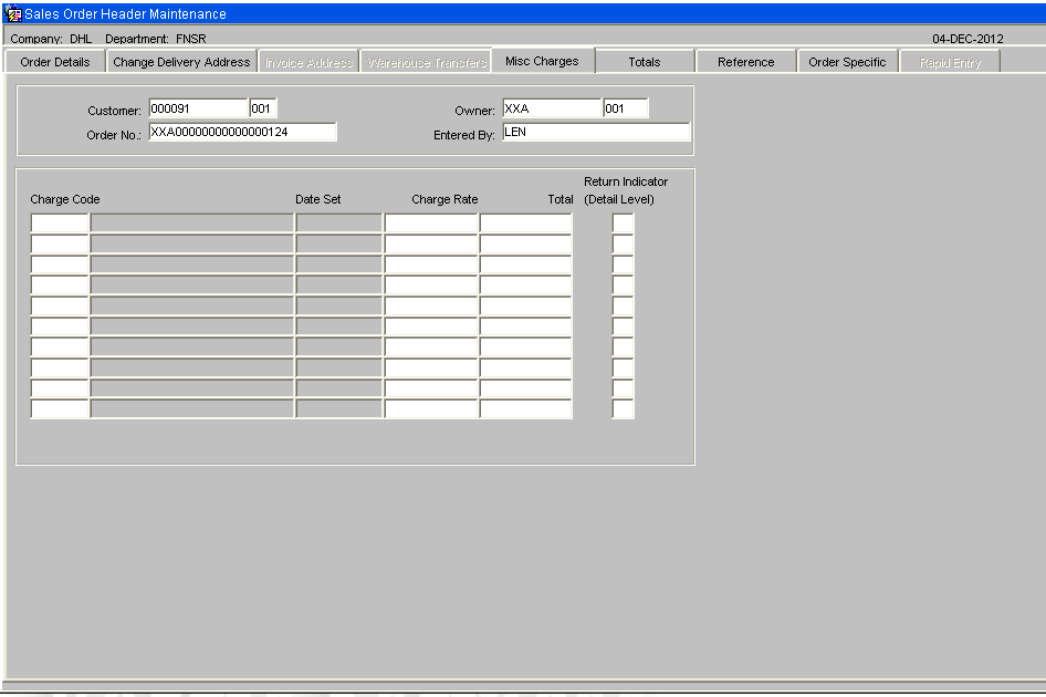 Miscellaneous Charges Screen
