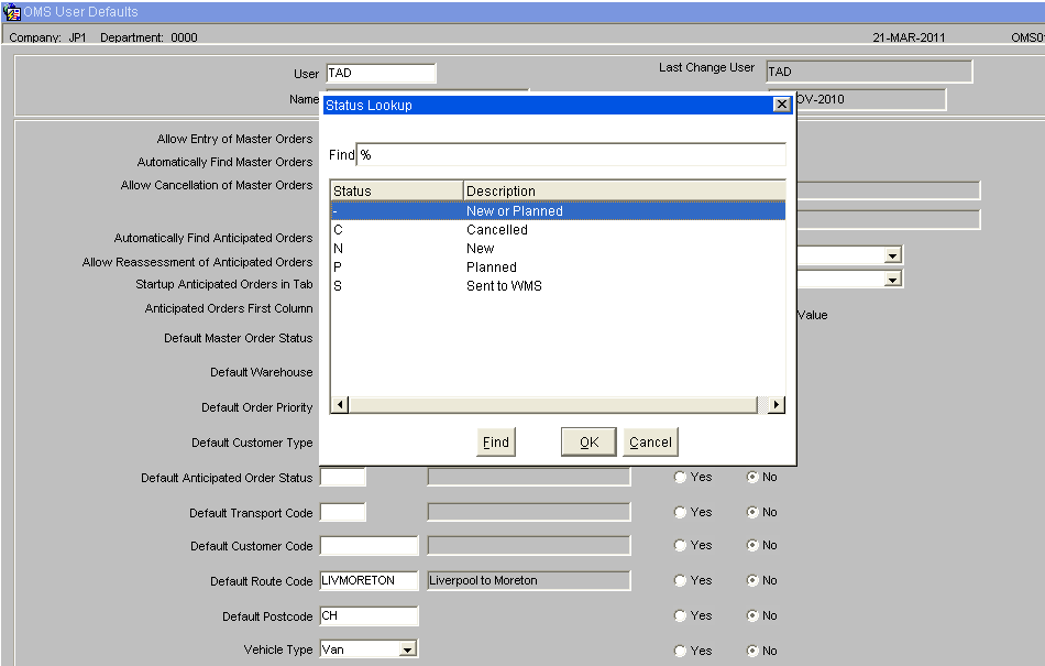 Default Anticipated Order Status