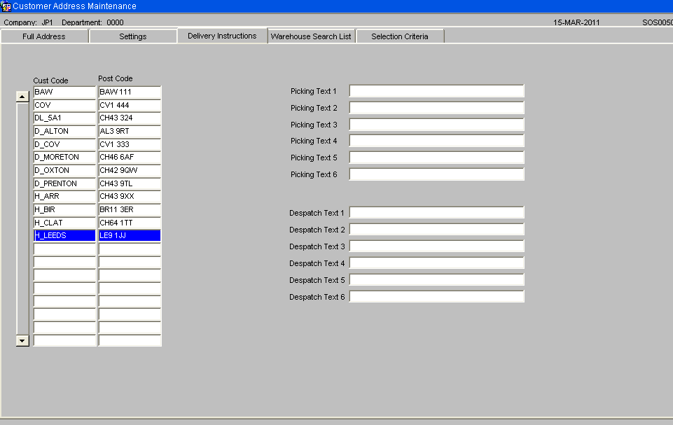 Delivery Instructions Tab