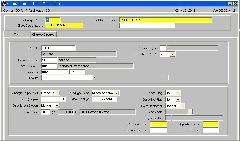 Charge code for miscellaneous charges