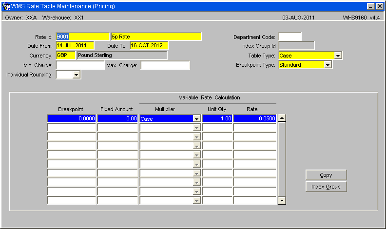 Rate table for miscellaneous charges