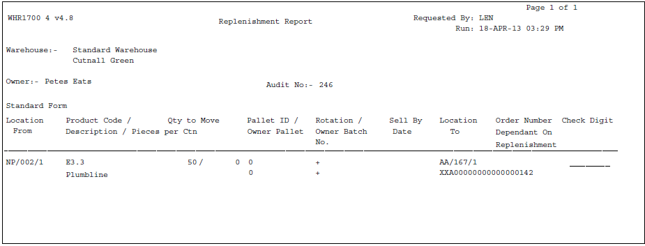 Replenishment Report