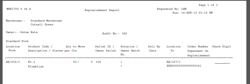 Replenishment Report