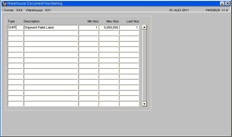 Warehouse Document Numbering Screen