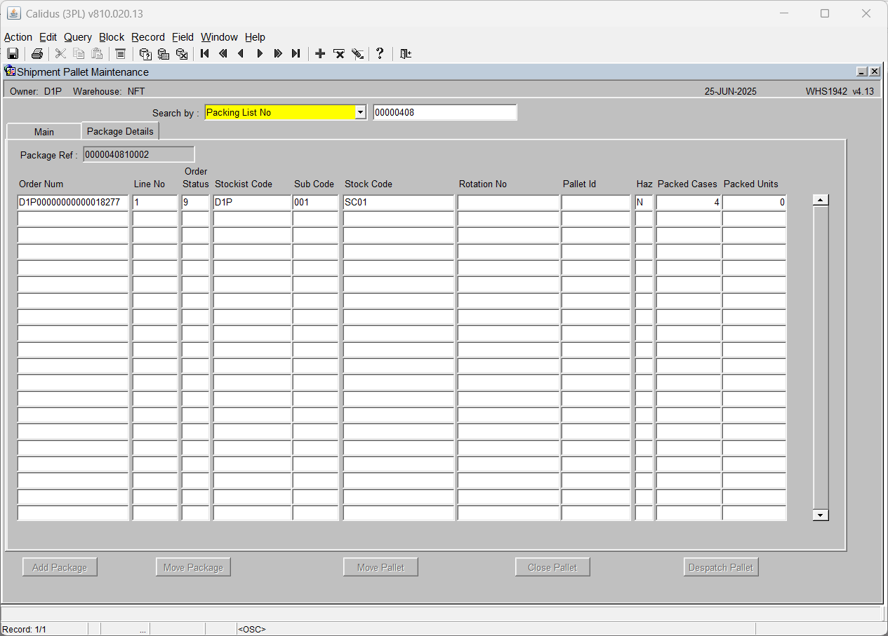 Packing Details Package Screen