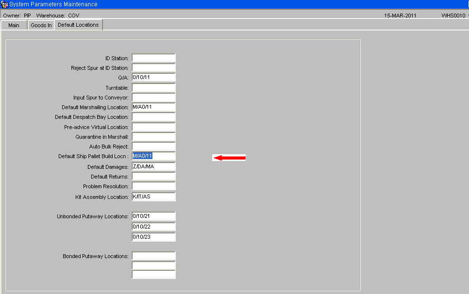 System Parameters - Marshalling Location