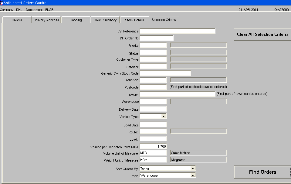 Master Order - Selection Criteria
