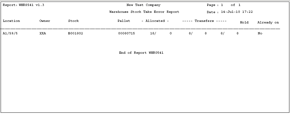 Stock Take Error Report