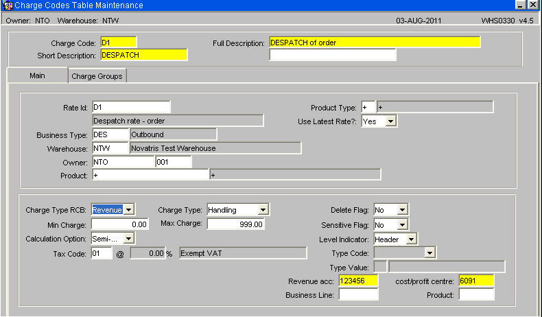 Charge Code Table
