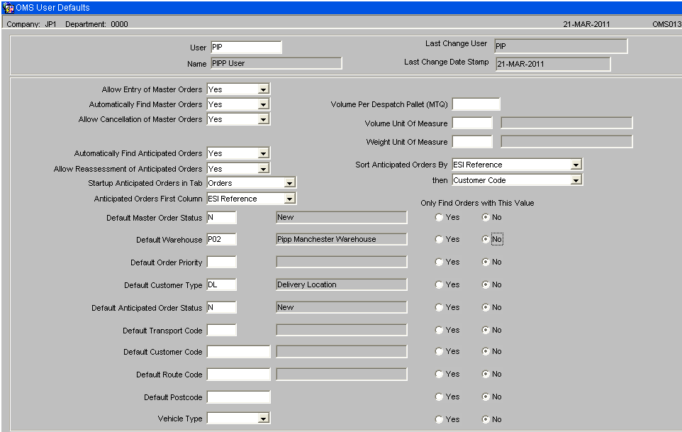 OMS User Defaults