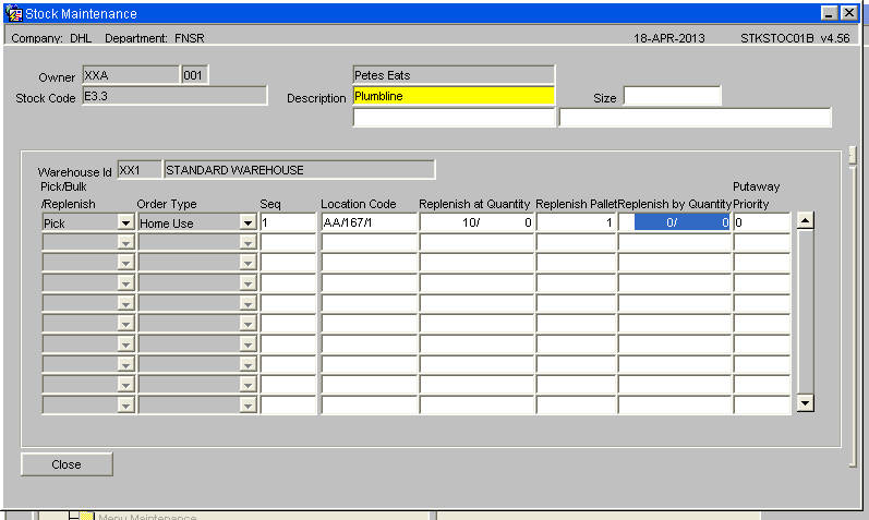 Stock Maintenance, Unbonded Replenishment Locations