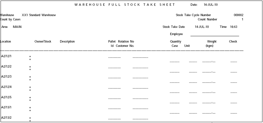 Full Stock Take Sheet