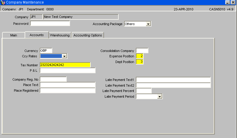 Company Maintenance - Accounts