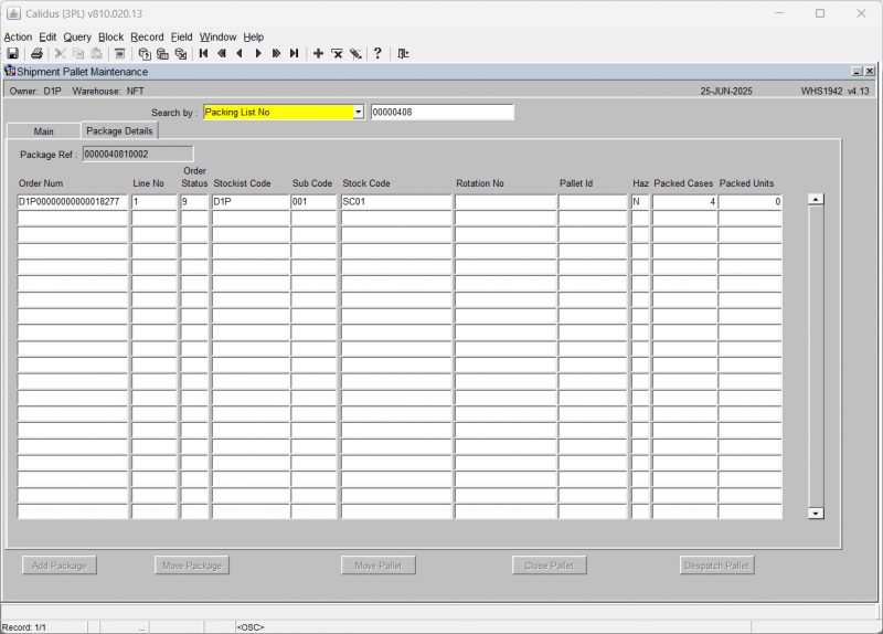Packing Details Package Screen