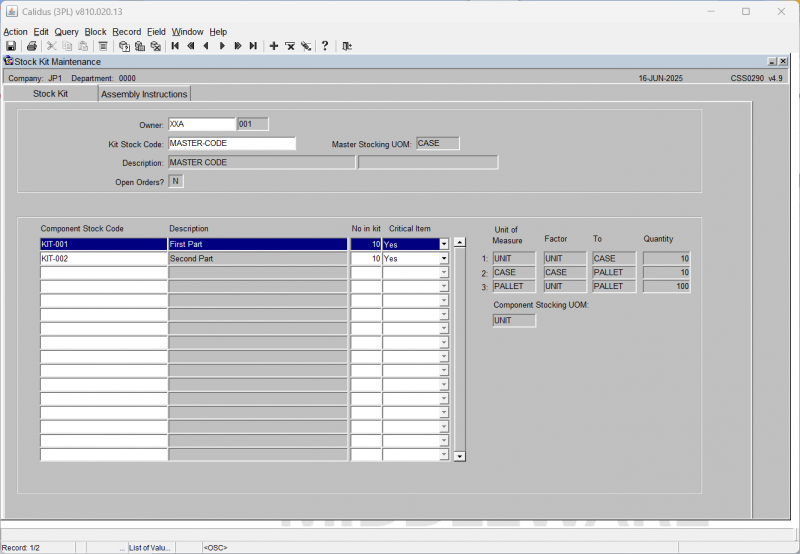 Stock Kit Maintenance Screen